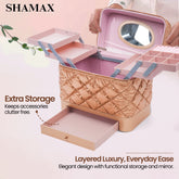 SHAMAX Quilted Makeup Train Case Expandable Tray golden